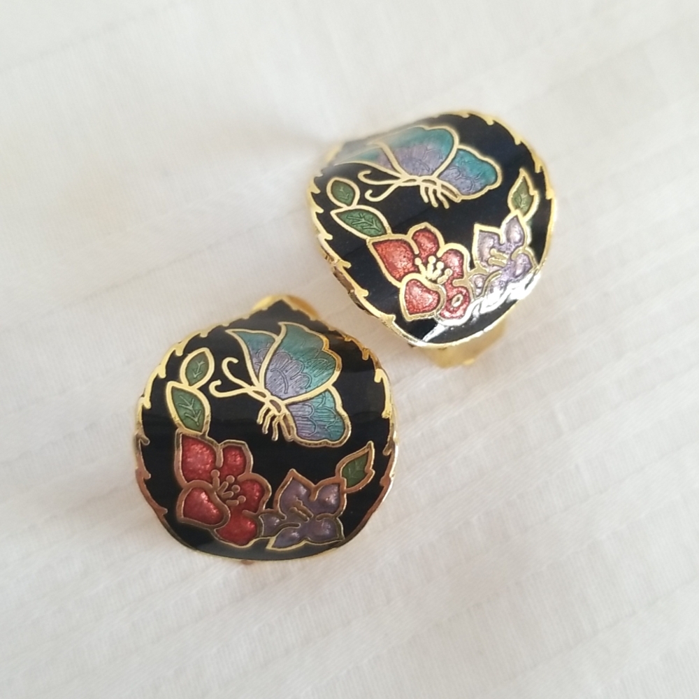 Gold Black Cloisonne Earrings
